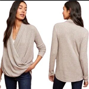 Anthropologie Light Brown Faux Wrap Long Sleeve Waffle Knit Sweater